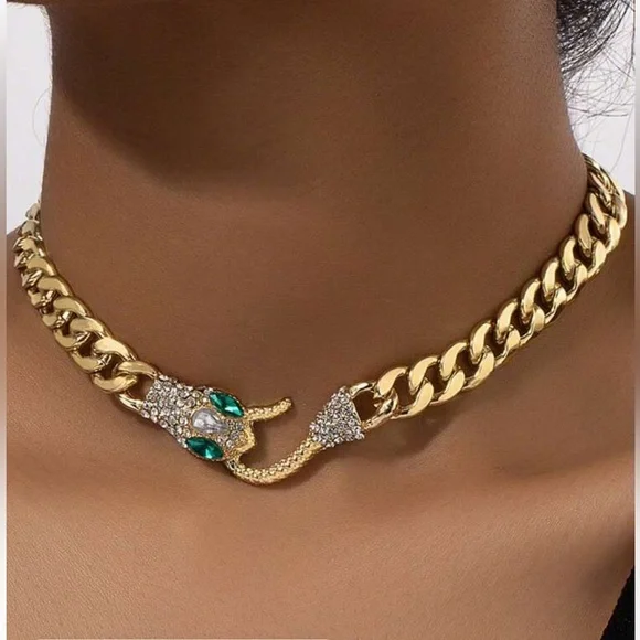 Simulated Diamond Inlaid Snake Head & Tail, Emerald Color eyes Goldtone Necklace - Picture 1 of 9